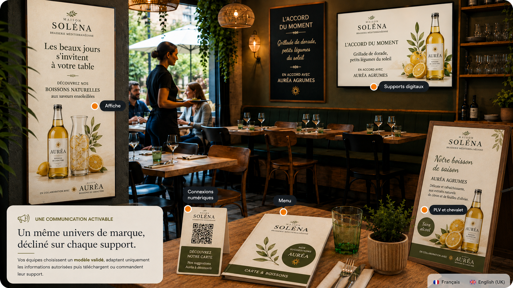 Restaurant présentant une communication de marque cohérente sur une affiche, un écran, un menu, un QR code et une PLV