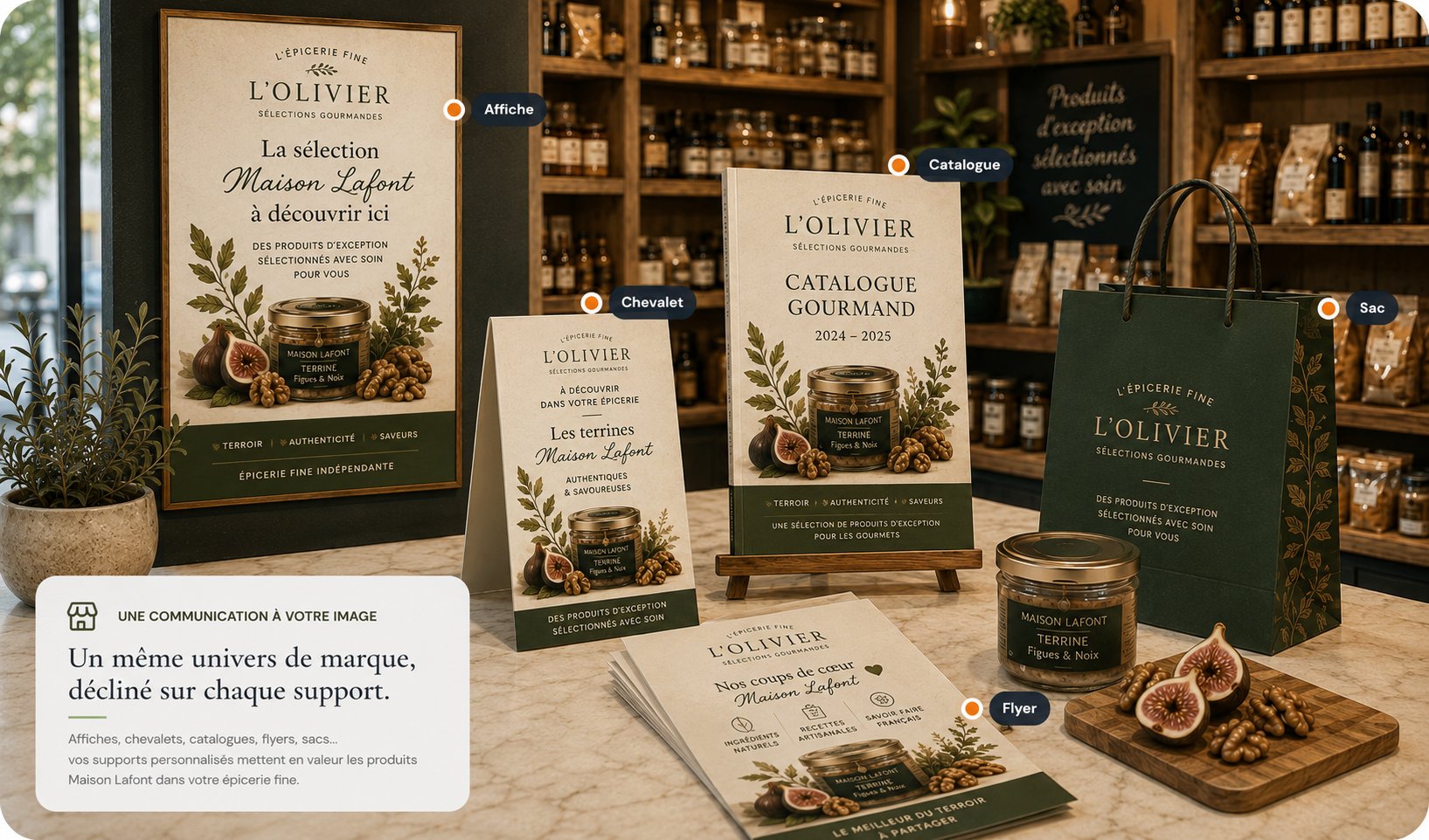 Un même univers de marque décliné sur chaque support : affiche, catalogue, chevalet, sac et flyer